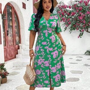 SHEIN Floral Green and Pink Dress. Size Small.